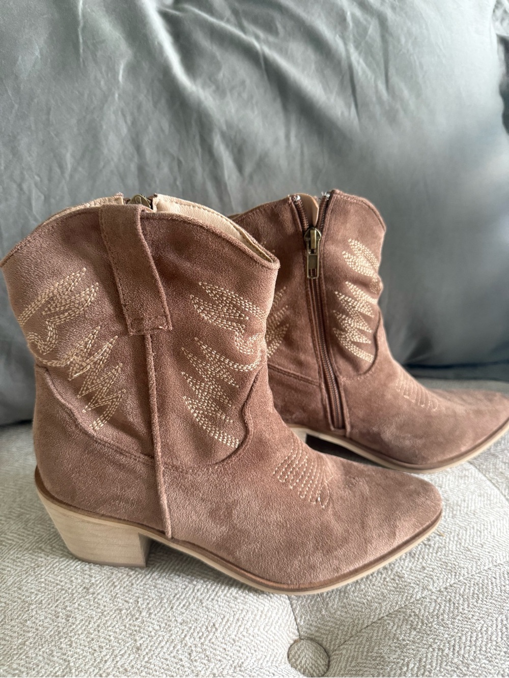 Suede Brown Western Embroidered Ankle Booties